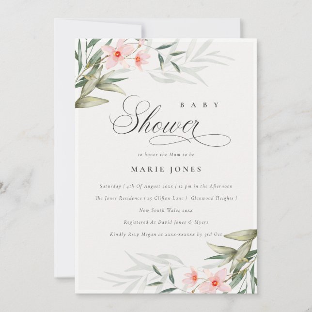 Rustic Blush Greenery Floral Baby Shower Invite (Front)