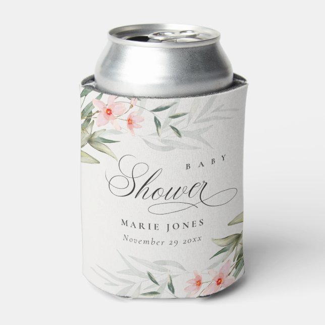 Rustic Blush Greenery Floral Bunch Baby Shower Can Cooler (Can Front)