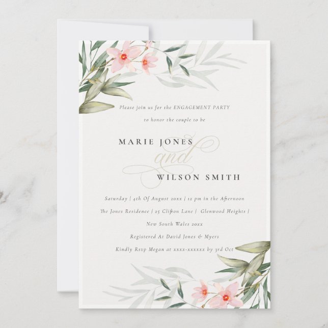 Rustic Blush Greenery Floral Engagement Invite (Front)