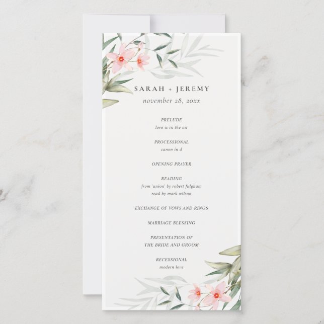 Rustic Blush Greenery Floral Wedding Program Thank You Card (Front)