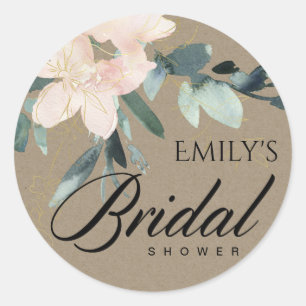 RUSTIC BLUSH KRAFT FLORAL WATERCOLOR BRIDAL SHOWER CLASSIC ROUND STICKER