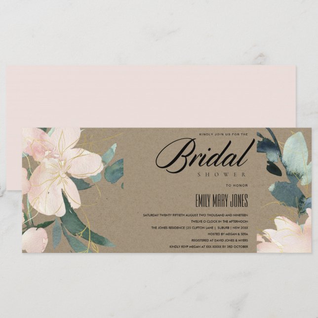 RUSTIC BLUSH KRAFT FLORAL WATERCOLOR BRIDAL SHOWER INVITATION (Front/Back)