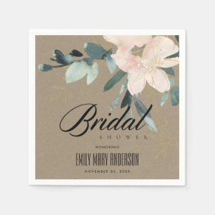 RUSTIC BLUSH KRAFT FLORAL WATERCOLOR BRIDAL SHOWER NAPKIN