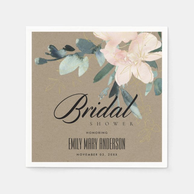 RUSTIC BLUSH KRAFT FLORAL WATERCOLOR BRIDAL SHOWER NAPKIN (Front)