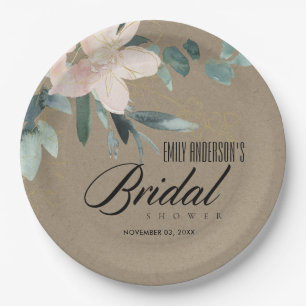 RUSTIC BLUSH KRAFT FLORAL WATERCOLOR BRIDAL SHOWER PAPER PLATE