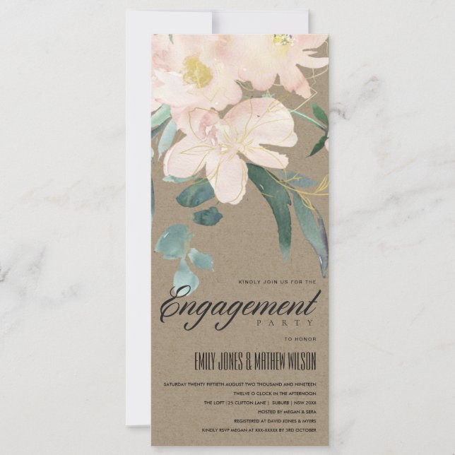 RUSTIC BLUSH KRAFT FLORAL WATERCOLOR ENGAGEMENT INVITATION (Front)