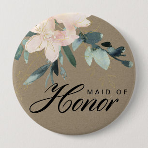 RUSTIC BLUSH KRAFT FLORAL WATERCOLOR MAID OF HONOR 10 CM ROUND BADGE
