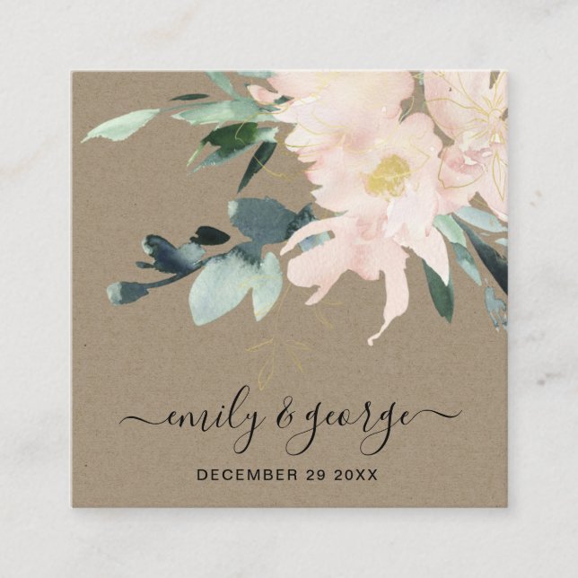 RUSTIC BLUSH KRAFT FLORAL WEDDING WEBSITE RSVP SQUARE BUSINESS CARD (Front)