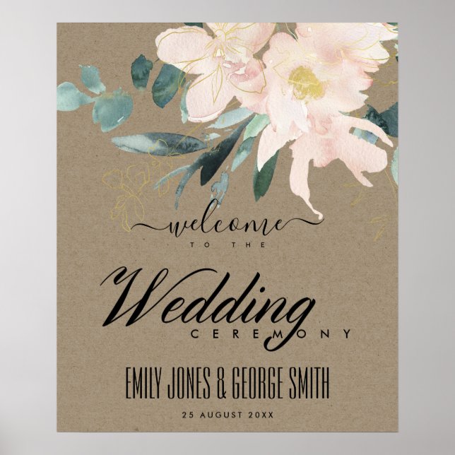 RUSTIC BLUSH KRAFT GOLD FLORAL WEDDING WELCOME POSTER (Front)