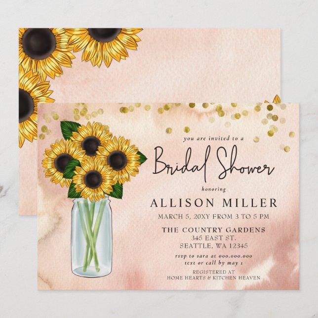 Rustic Blush Mason Jar Sunflowers Bridal Shower  Invitation (Front/Back)