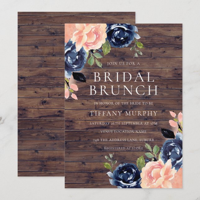 Rustic Blush Navy Blue Floral Bridal Shower Brunch Invitation (Front/Back)