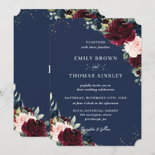 Rustic Blush Navy Blue Floral Greenery Wedding Inv Invitation