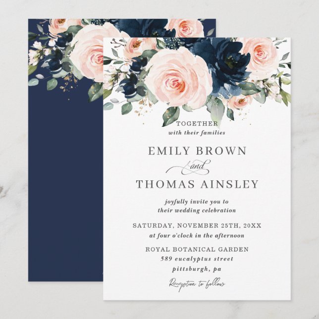 Rustic Blush Navy Blue Floral Greenery Wedding Invitation (Front/Back)