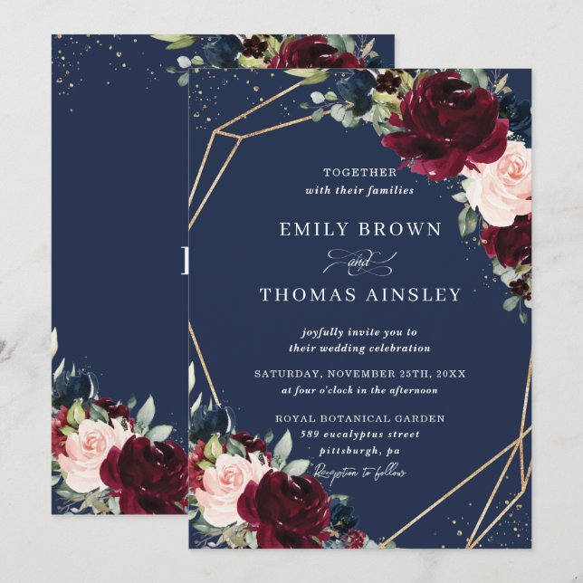 Rustic Blush Navy Blue Floral Greenery Wedding Invitation (Front/Back)