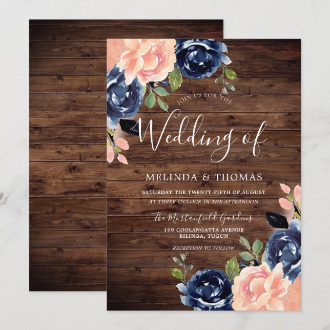 Rustic Blush & Navy Blue Flowers Wedding Invitation (Front/Back)