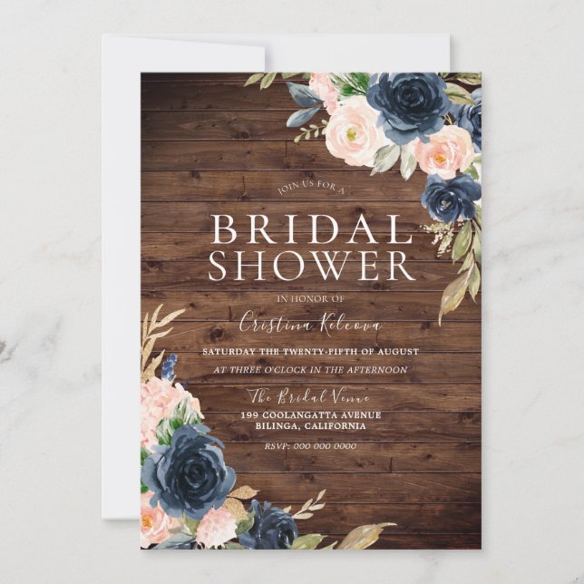 Rustic Blush & Navy Elegant Modern Bridal Shower Invitation (Front)