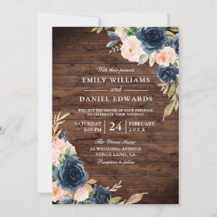 Rustic Blush & Navy Floral Wedding Invitation