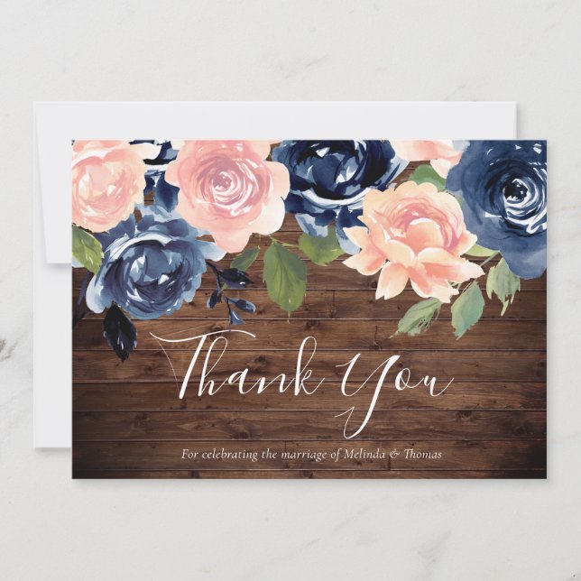 Rustic Blush & Navy Watercolor Flowers Wedding Thank You Card (Front)