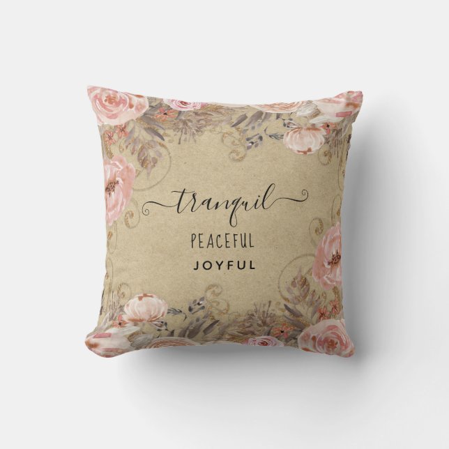 Rustic Blush Peach Floral Tranquil Peaceful Joyful Cushion (Front)