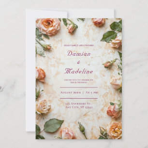 Rustic Blush Peach Rose Floral Frame Wedding Invitation