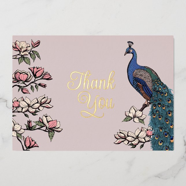 Rustic Blush Pink and Gold Peacock Thank You Card (Front)