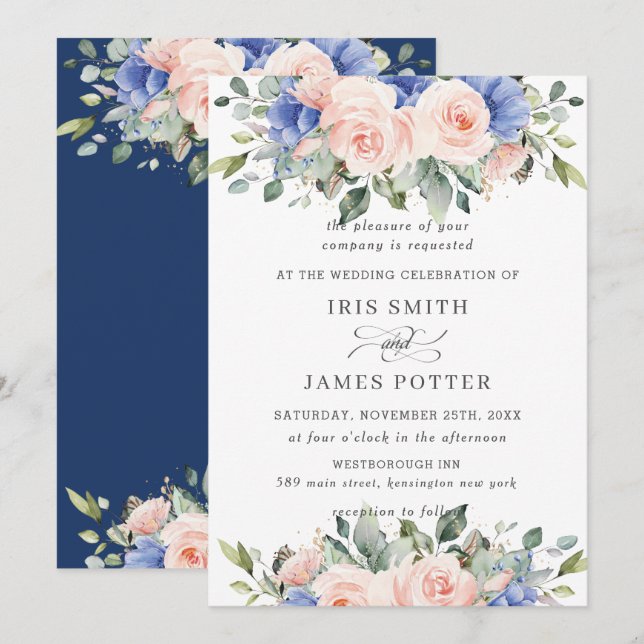 Rustic Blush Pink Blue Floral Greenery Wedding Invitation (Front/Back)