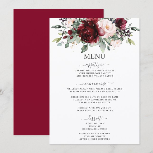 Rustic Blush Pink Burgundy Floral Wedding 5x7 Menu (Front/Back)