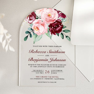 Rustic Blush Pink Burgundy Floral Wedding Acrylic Invitations