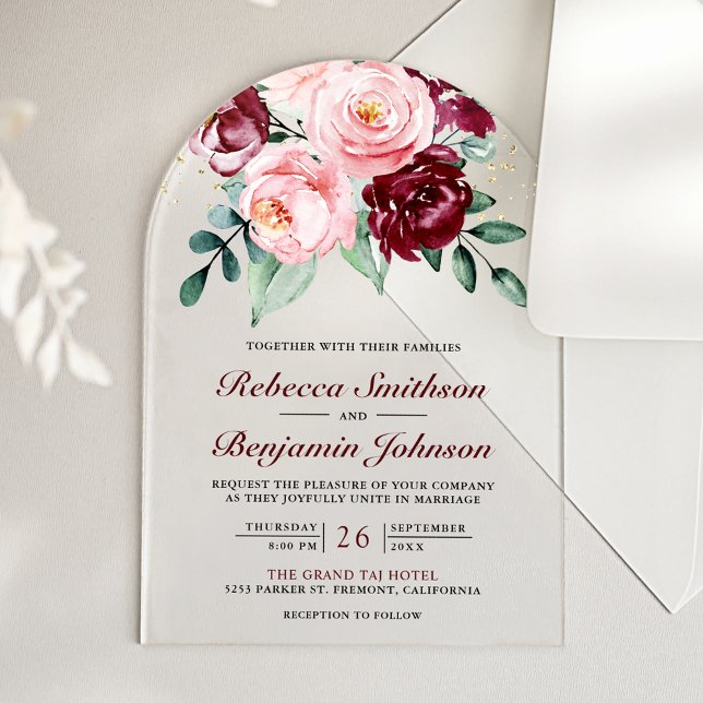 Rustic Blush Pink Burgundy Floral Wedding Acrylic Invitations (Creator Uploaded)
