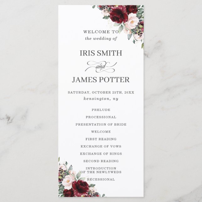 Rustic Blush Pink Burgundy Floral Wedding Program Programme (Front)