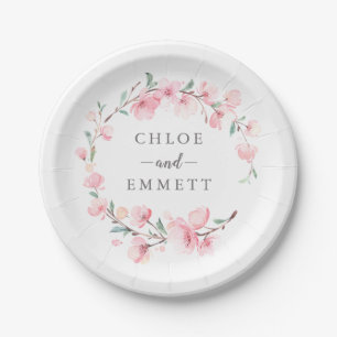 Rustic Blush Pink Cherry Blossom Floral Wreath Paper Plate