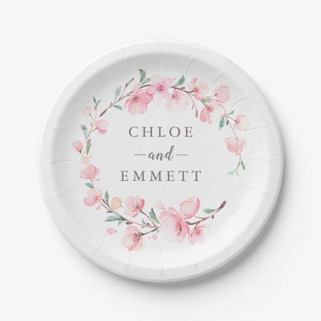Rustic Blush Pink Cherry Blossom Floral Wreath Paper Plate (Front)