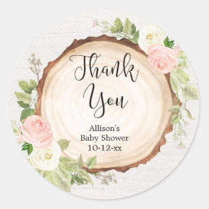 Rustic blush pink cream floral wood slice classic round sticker