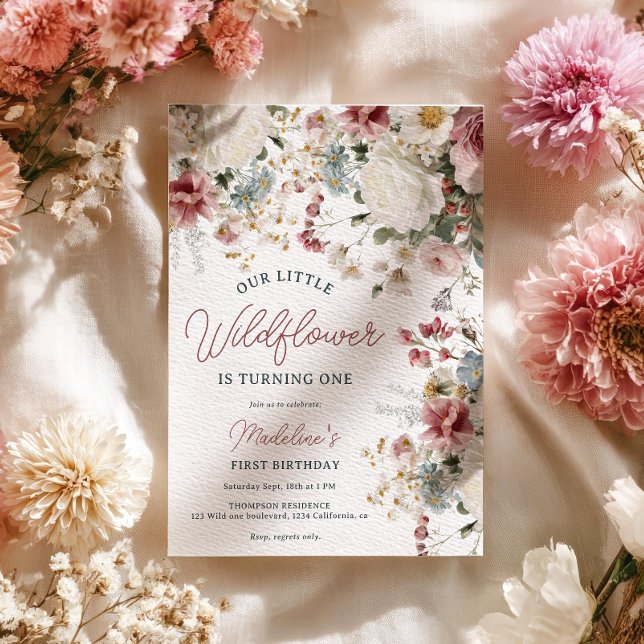 Rustic Blush Pink, Cream Wildflower First Birthday Invitation (Rustic Blush Pink, Cream Wildflower First Birthday Invitation)