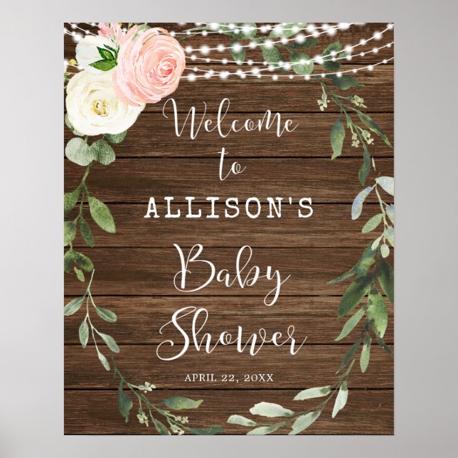 Rustic blush pink floral baby shower welcome sign (Front)