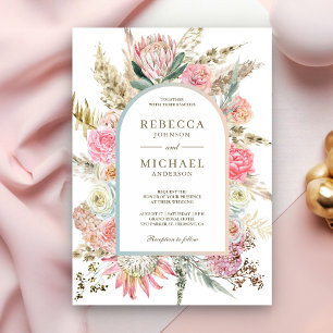 Rustic Blush Pink Floral Boho Pampas Grass Wedding Invitation