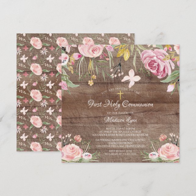 Rustic Blush Pink Floral First Holy Communion Invitation (Front/Back)