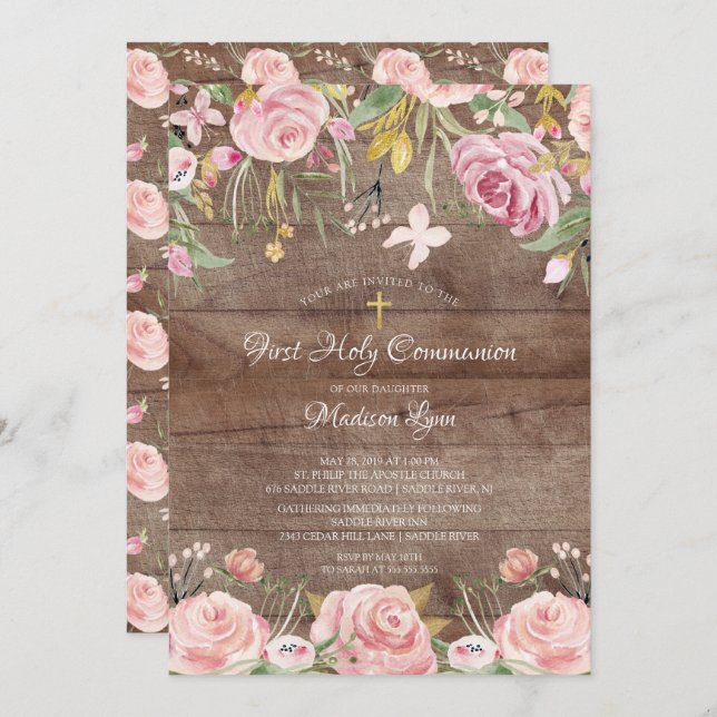 Rustic Blush Pink Floral First Holy Communion Invitation (Front/Back)