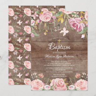 Rustic Blush Pink Floral Gold Cross Baptism Invitation