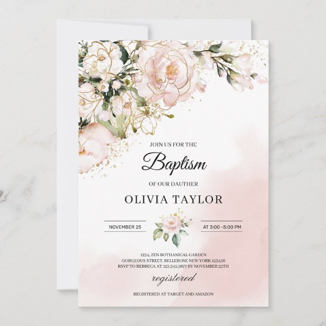 Rustic blush pink floral gold flowers boho baptism invitation (Front)