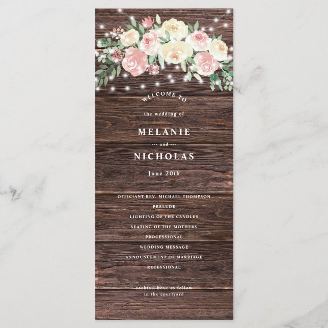 Rustic Blush Pink Floral Lights Wedding Program Programme (Front)