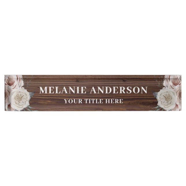 Rustic Blush Pink Floral on Dark Wood Teachers Nameplate (Front)