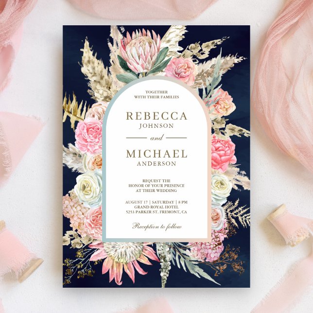 Rustic Blush Pink Floral Pampas Navy Blue Wedding Invitation (Creator Uploaded)