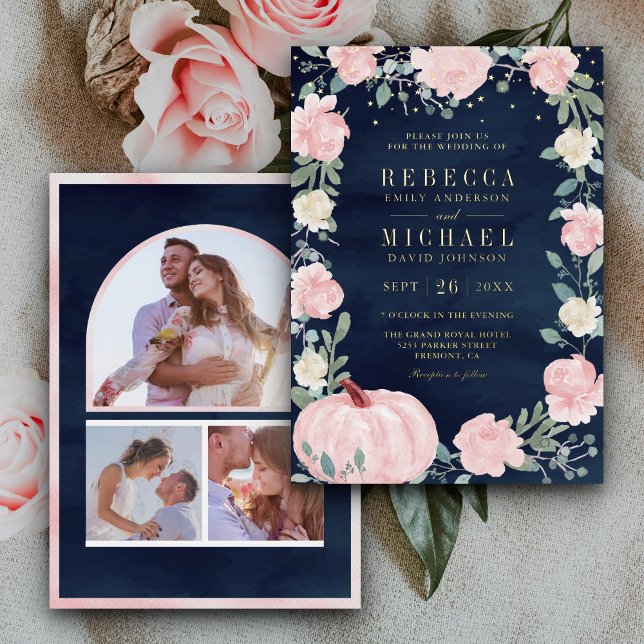 Rustic Blush Pink Floral Pumpkin Navy Wedding Gold (Creator Uploaded)