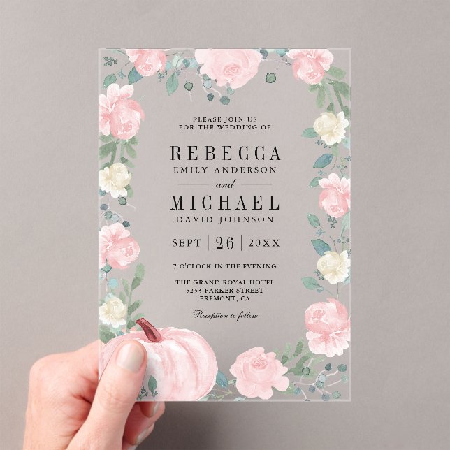 Rustic Blush Pink Floral Pumpkin Wedding Acrylic Invitations (Insitu (Handheld))
