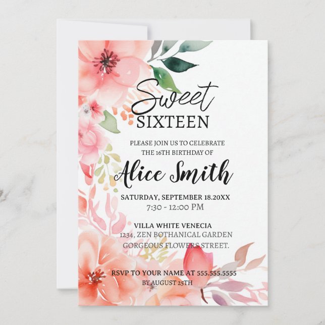 Rustic blush pink floral rose gold sweet sixteen invitation (Front)