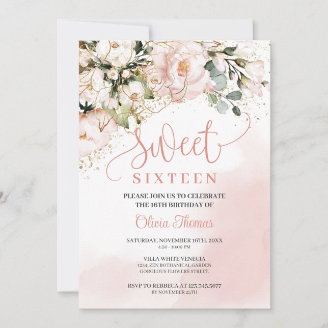 Rustic blush pink floral rose gold sweet sixteen invitation (Front)