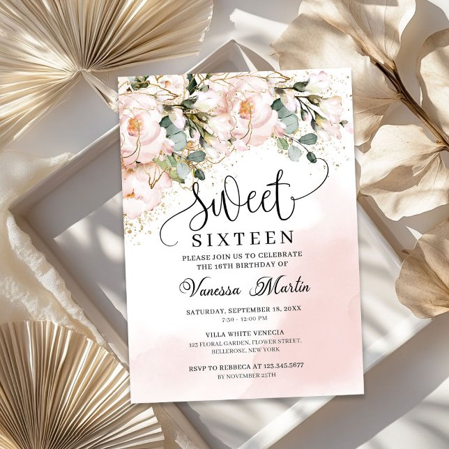 Rustic blush pink floral rose gold sweet sixteen invitation (Rustic blush pink floral rose gold sweet sixteen invitation)