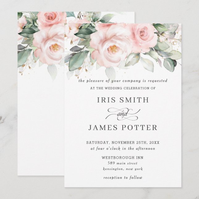 Rustic Blush Pink Floral Roses Greenery Wedding Invitation (Front/Back)