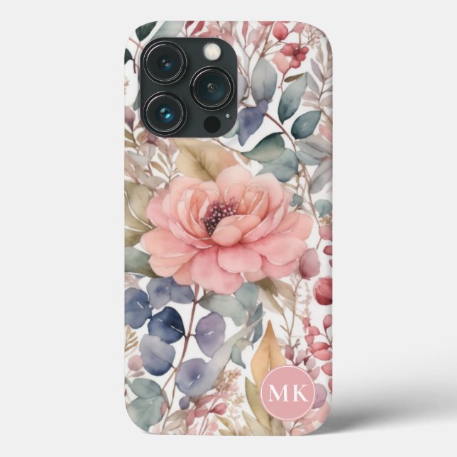 Rustic Blush Pink Floral Watercolor Monogram Case-Mate iPhone Case (Back)